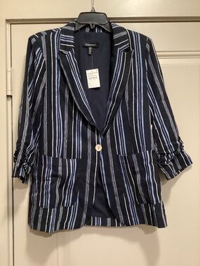 Ellen Tracy Navy Stripe Linen Blazer Size Medium